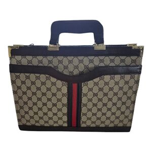 Gucci Beige Monogram Briefcase with Red and Green Stripe